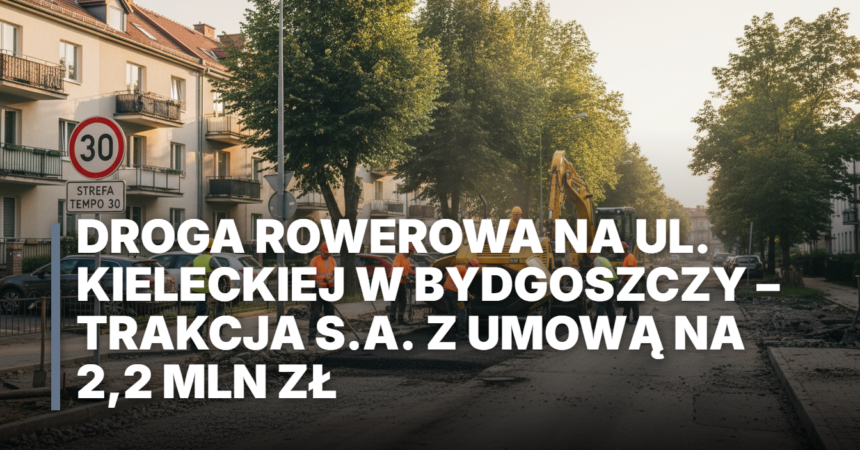 Przebudowa ul. Stawowej w Bydgoszczy: roboty drogowe i nowe znaki Strefa Tempo 30 na osiedlu Błonie. Pracownicy i maszyny podczas modernizacji drogi.