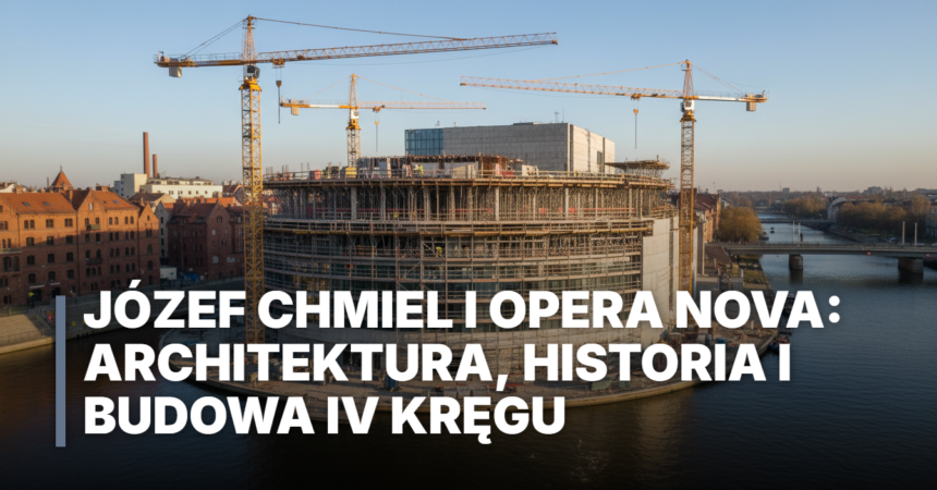Budowa IV kręgu Opery Nova w Bydgoszczy nad Brdą. Projekt Józefa Chmiela: wizualizacja architektury z żurawiami i rusztowaniami przy modernistycznym gmachu.