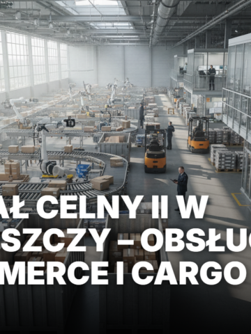 Odprawa cargo i e-commerce w Oddziale Celnym II w Bydgoszczy. Magazyn logistyczny z kontenerami, paczkami na taśmie i funkcjonariuszami celnymi przy pracy.