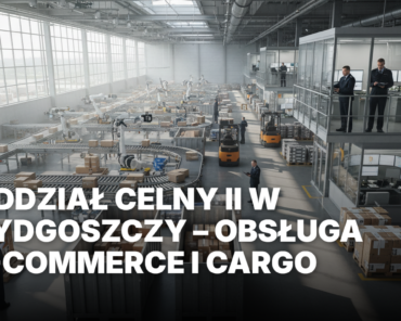 Odprawa cargo i e-commerce w Oddziale Celnym II w Bydgoszczy. Magazyn logistyczny z kontenerami, paczkami na taśmie i funkcjonariuszami celnymi przy pracy.