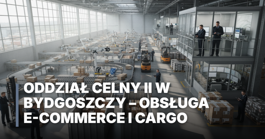 Odprawa cargo i e-commerce w Oddziale Celnym II w Bydgoszczy. Magazyn logistyczny z kontenerami, paczkami na taśmie i funkcjonariuszami celnymi przy pracy.