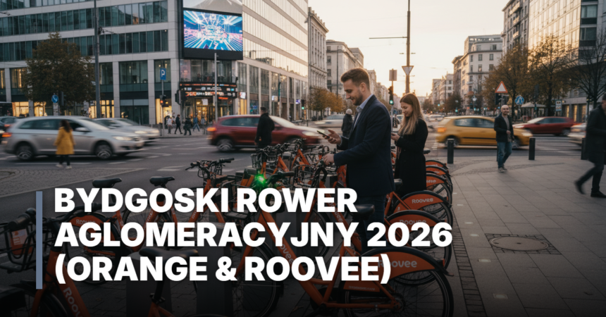 Pomarańczowe rowery Roovee - Bydgoski Rower Aglomeracyjny 2026 w Bydgoszczy. Ludzie odblokowują rowery miejskie aplikacją przy ruchliwym skrzyżowaniu.