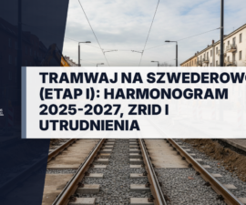 Budowa linii tramwajowej na Szwederowo w Bydgoszczy. Maszyny budowlane, nowe tory i barierki ochronne na placu budowy inwestycji realizowanej w latach 2025-2027.