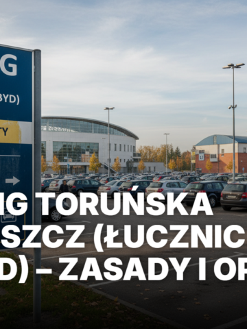 Parking Toruńska Bydgoszcz przy halach Łuczniczka i Torbyd. Widok na miejsca postojowe i infrastrukturę biletową w strefie płatnego parkowania.