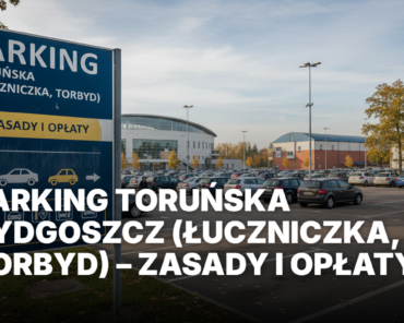Parking Toruńska Bydgoszcz przy halach Łuczniczka i Torbyd. Widok na miejsca postojowe i infrastrukturę biletową w strefie płatnego parkowania.