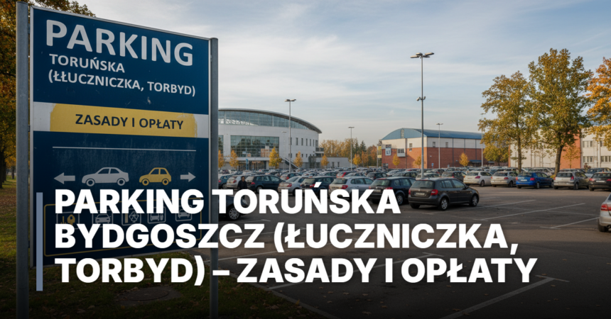 Parking Toruńska Bydgoszcz przy halach Łuczniczka i Torbyd. Widok na miejsca postojowe i infrastrukturę biletową w strefie płatnego parkowania.