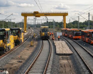 Przebudowa węzła Maksymilianowo pod Bydgoszczą: maszyny PKP PLK na nowych torach i pomarańczowe autobusy ZKA na tymczasowym przystanku kolejowym.