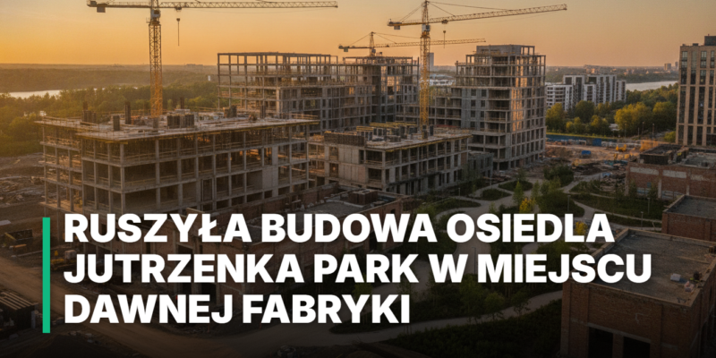 Budowa osiedla Jutrzenka Park: żółte żurawie i stalowe konstrukcje na terenie dawnej fabryki. Nowoczesna inwestycja, rewitalizacja i zieleń w złotym świetle.
